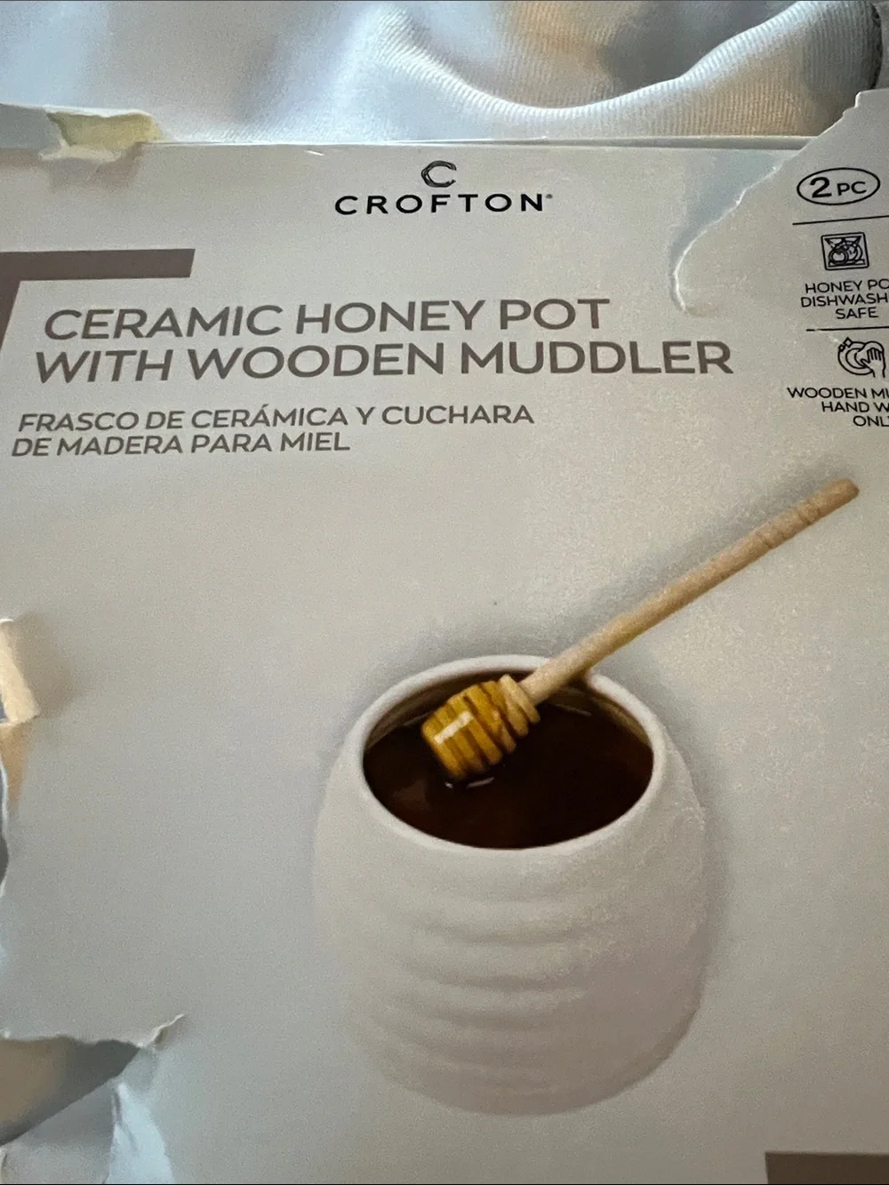 Kitchen essential NIB Traditional Ceramic Honey Pot Jar & Beech Wood Drizzler